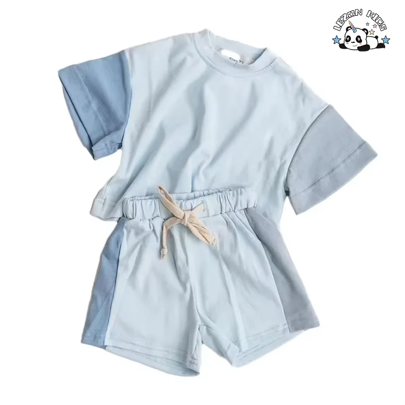 LEZONKIDS - Conjunto de 2 Peças para Meninas Novo Estilo Camiseta Manga Curta e Shorts Bloco de Cores Conjunto de Esporte Infantil